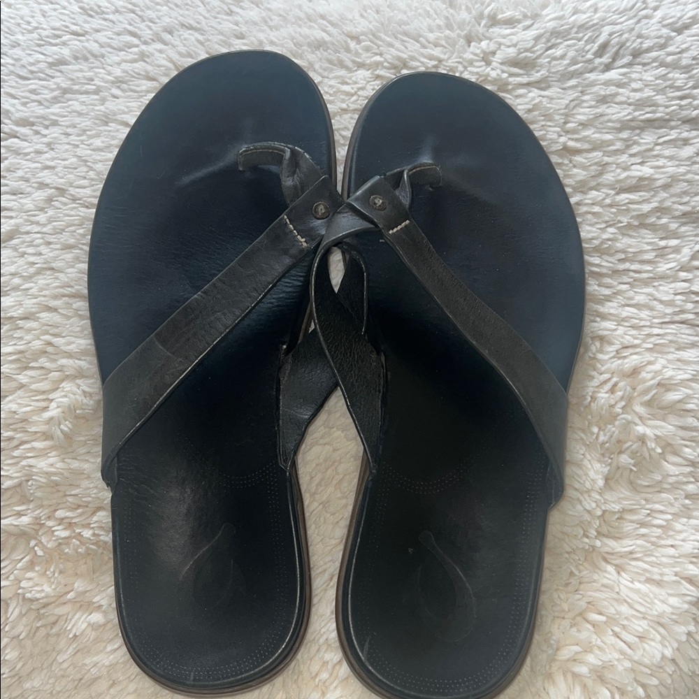OLUKAI Mea Ola Men's Leather Beach Sandals, Soft & Durable Flip Flops- size 12
